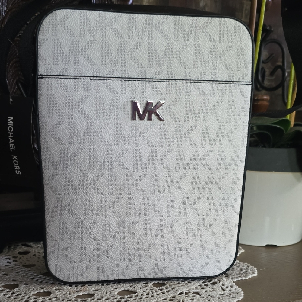 Michael Kors Men’s White and Gray MK Logo Messenger Bag